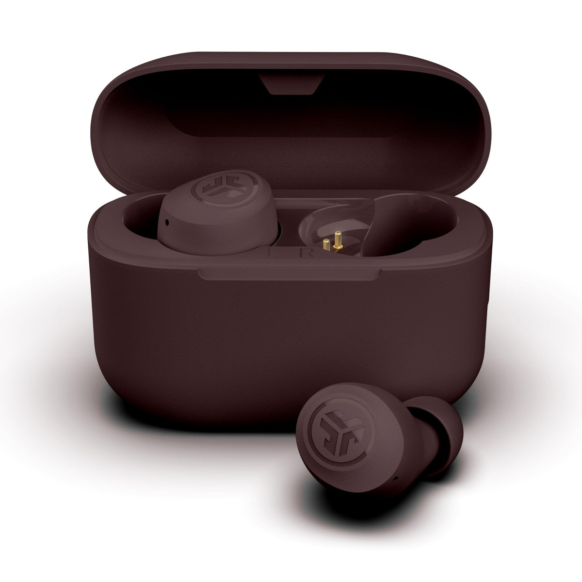 JLab open charging case with earbuds seated, demonstrating extra battery life