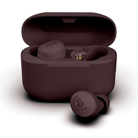 JLab open charging case with earbuds seated, demonstrating extra battery life