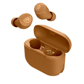 JLab front packaging showing earbuds and case, clear product view and benefit