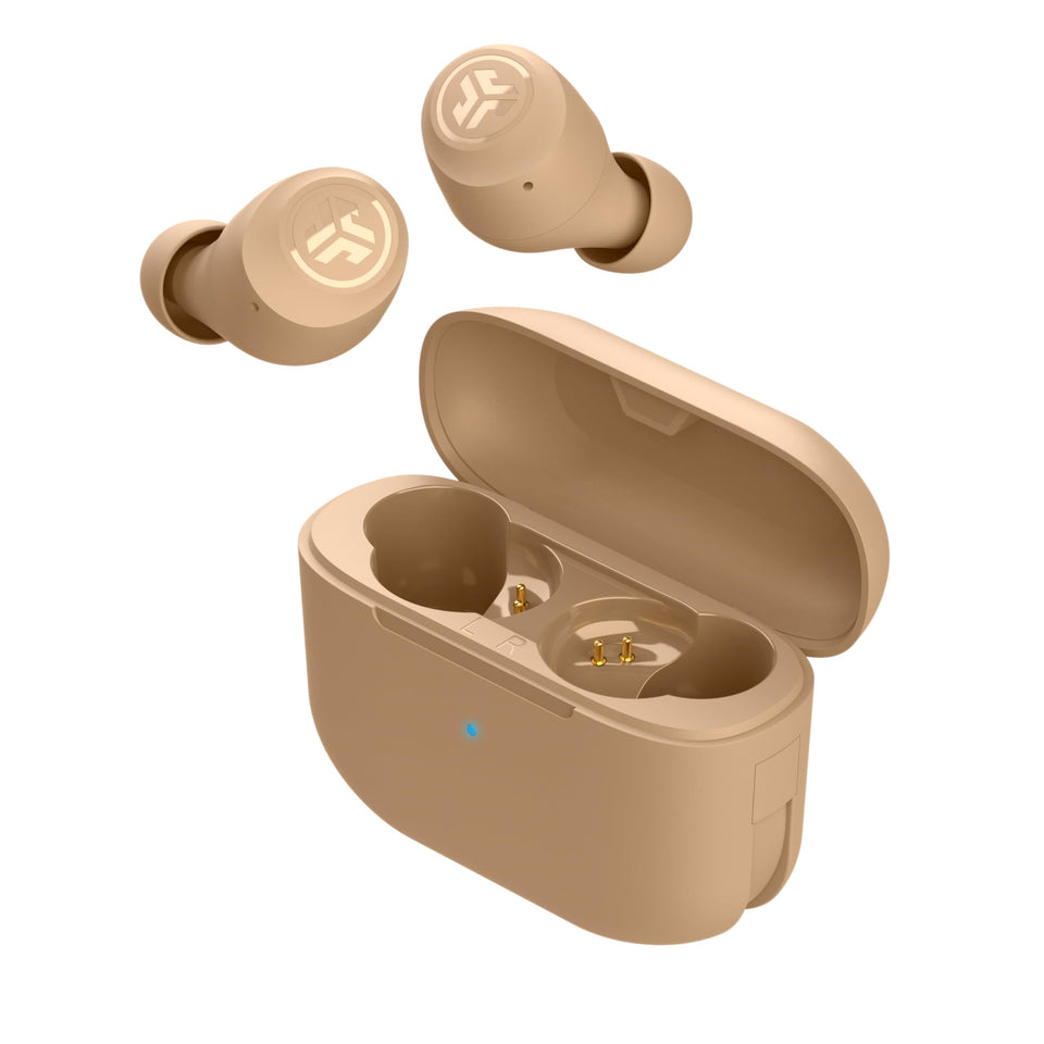 JLab front view of Go Air Pop+ Tones earbuds showing compact case and clean design benefit everyday portability