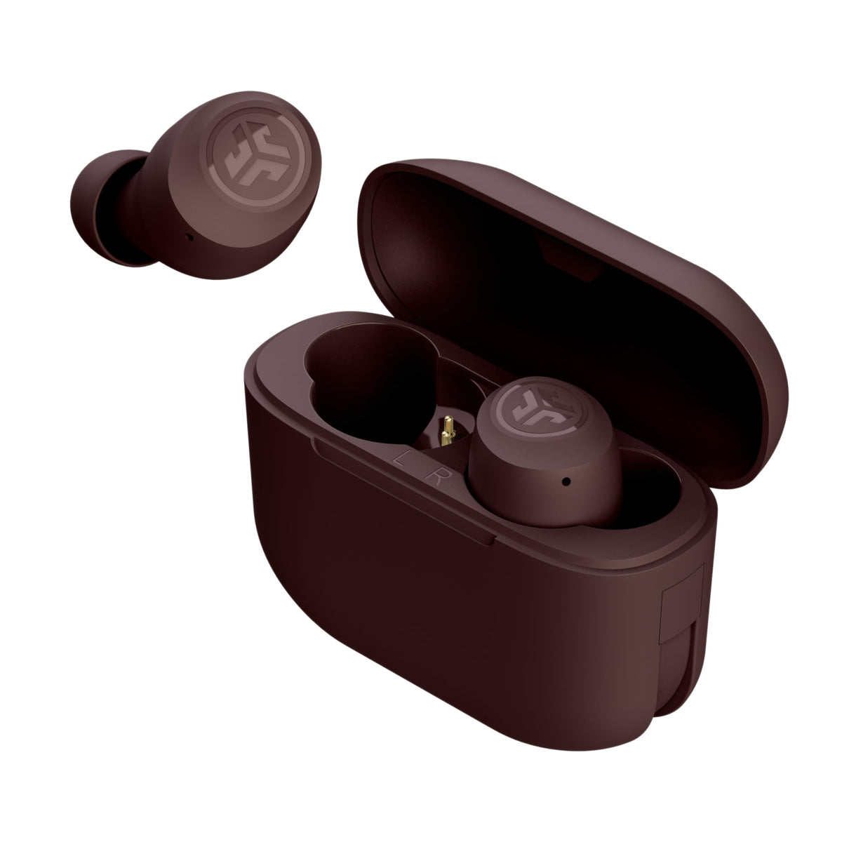 JLab earbuds in ear while running, sweat resistant and secure for workouts