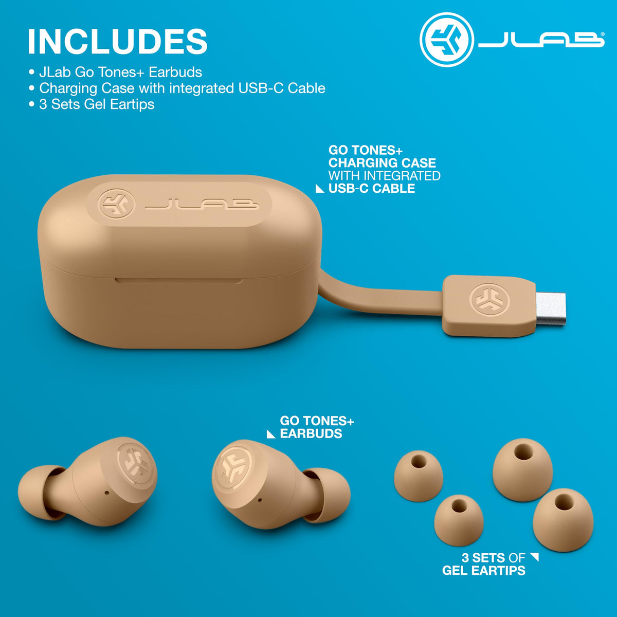 JLab retail packaging and label showing brand, model, and included features for shopper assurance