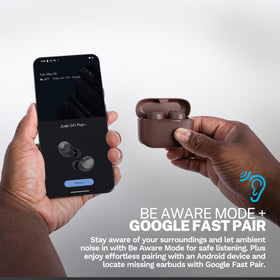 JLab earbuds beside smartphone showing compact size and portable convenience