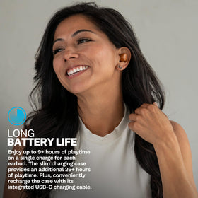 JLab open USB-C charging case showing earbuds and extended battery life
