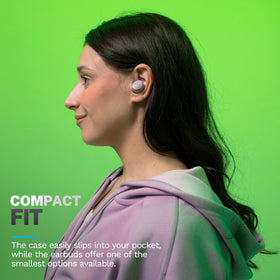 JLab Go Air Pop+ being worn during a run, showing sweat resistance and active use suitability