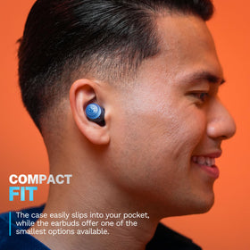 jlab earbud with droplets illustrating IPX4 sweat protection for workouts