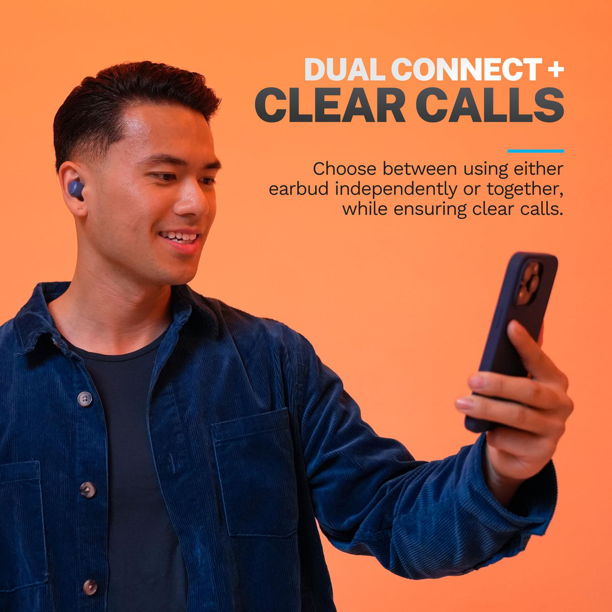jlab earbuds in hand to show compact size and portable convenience