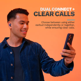 jlab earbuds in hand to show compact size and portable convenience