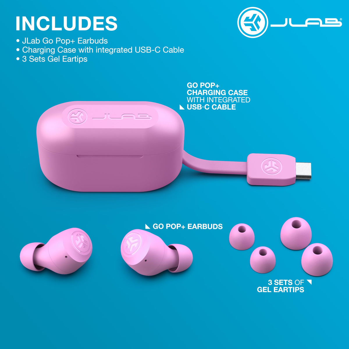 JLab Go Air Pop+ next to smartphone showing compact scale and portability