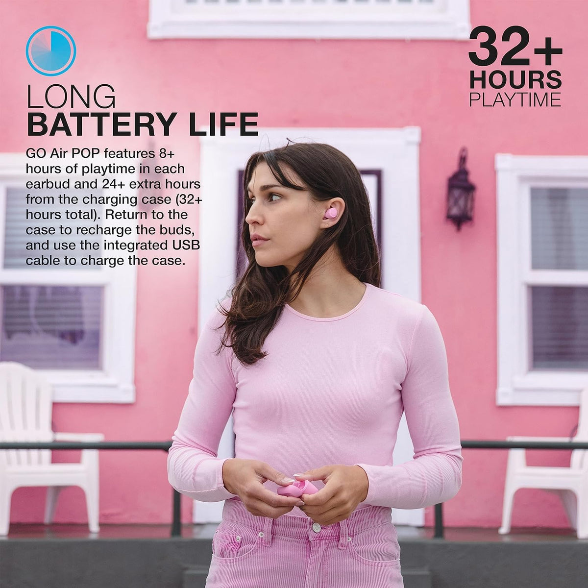Person wearing JLab Go Air Pop+ in pink during a light outdoor run