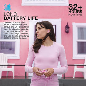 Person wearing JLab Go Air Pop+ in pink during a light outdoor run