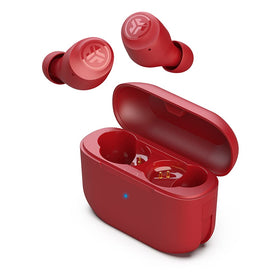 JLab Go Air Pop Rose earbuds in charging case for extended battery life.