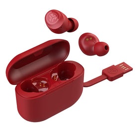 JLab Go Air Pop Rose earbuds worn during workout for secure fit.