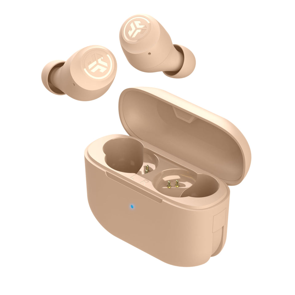 JLab Go Air Pop+ Tones front view showing compact case and earbuds, highlighting portability