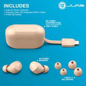 JLab Go Air Pop+ Tones retail packaging with warranty card, showing included 2‑year warranty