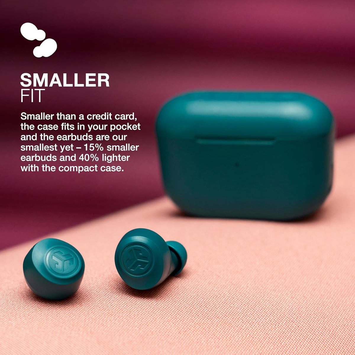 JLab Go Air Pop+ earbud closeup showing textures and button, indicating control clarity