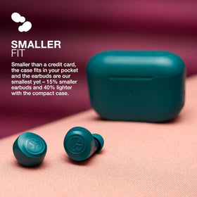 JLab Go Air Pop+ earbud closeup showing textures and button, indicating control clarity