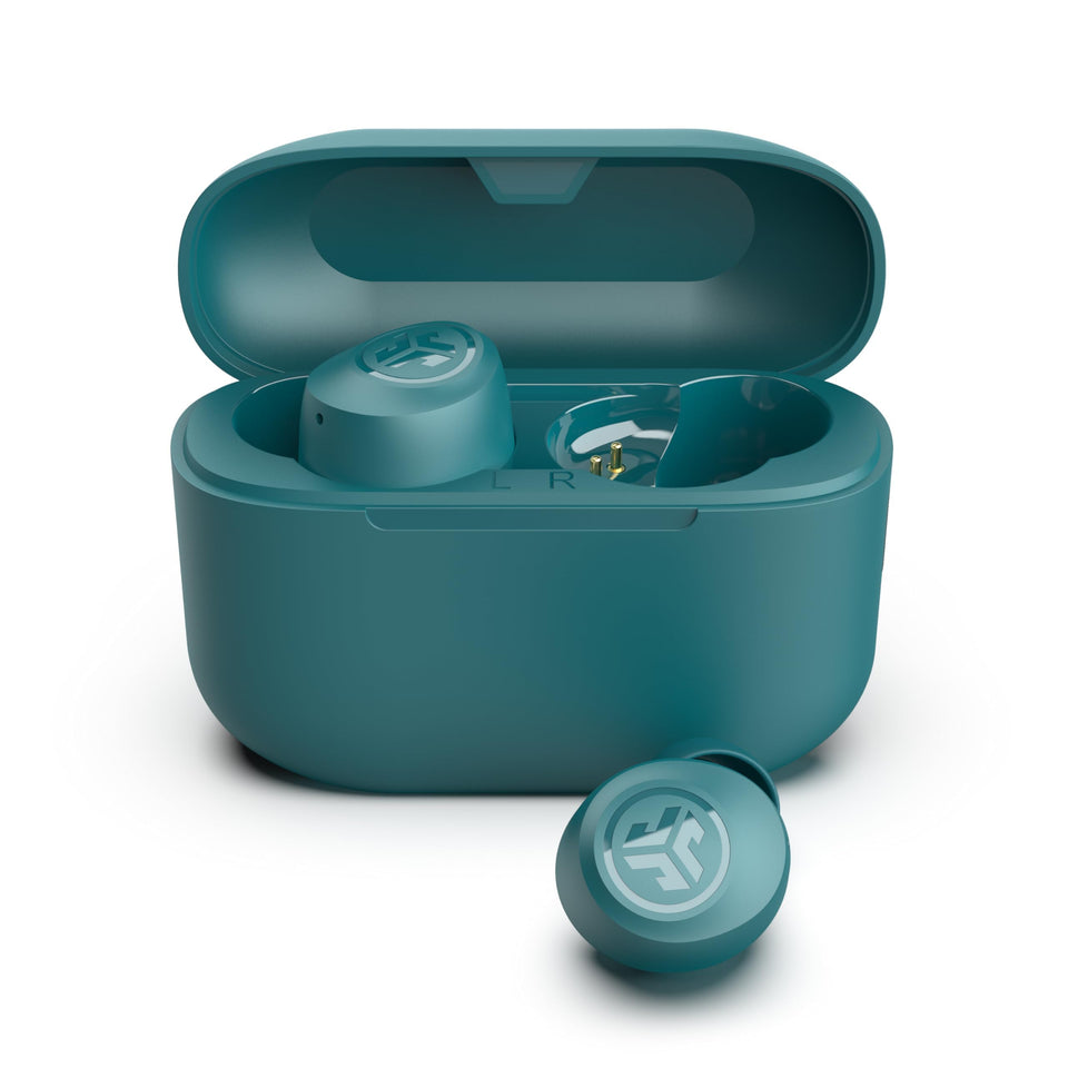 JLab Go Air Pop+ front view showing teal case and earbuds, highlighting portability