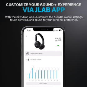 JLab Go Lux ANC app customization screen displaying EQ and ANC tuning