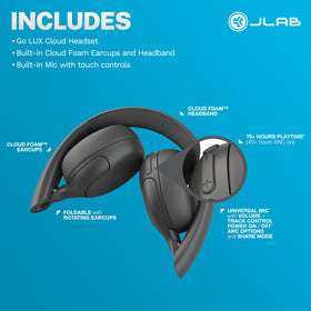 JLab Go Lux unboxed with cable and case showing included accessories and readiness