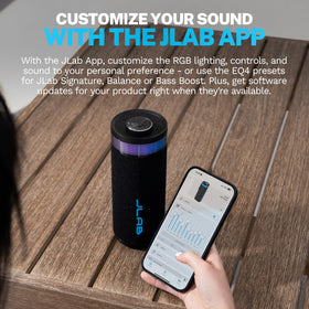 JLab Go Party displayed with JLab app on phone for lighting and EQ control