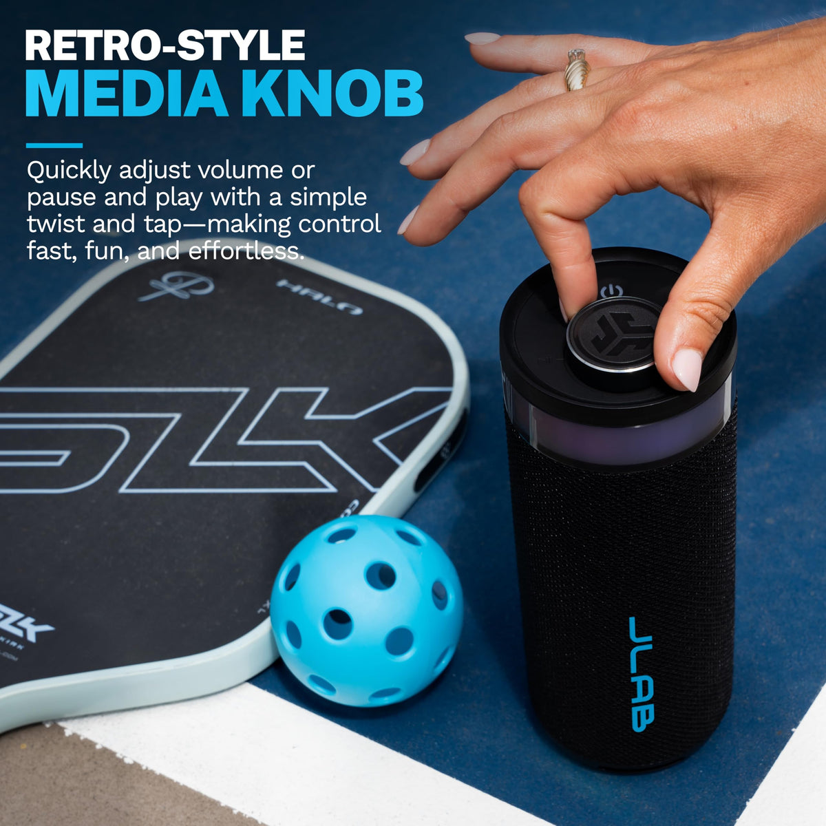 JLab Go Party rear panel ports and charging input for direct recharging