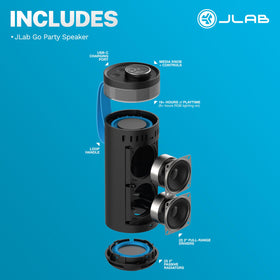 Two JLab Go Party speakers paired in stereo for wider sound coverage