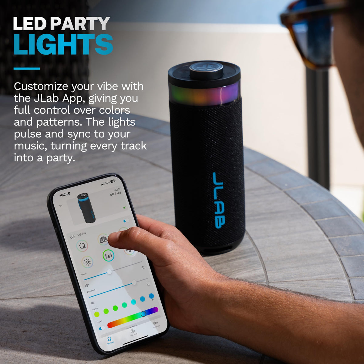 JLab Go Party RGB LEDs lit up demonstrating customizable lighting effects
