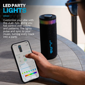 JLab Go Party RGB LEDs lit up demonstrating customizable lighting effects