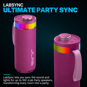 JLab Go Party RGB lights activated showcasing colorful lighting for party ambiance