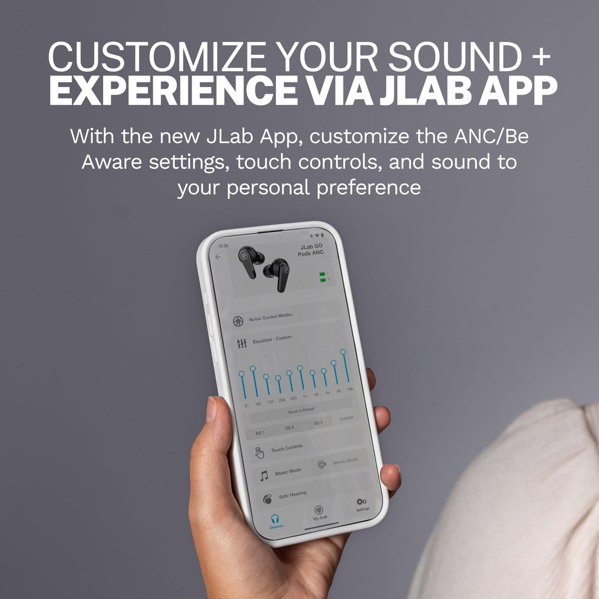 JLab Go Pods ANC case next to smartphone showing Bluetooth Multipoint convenience