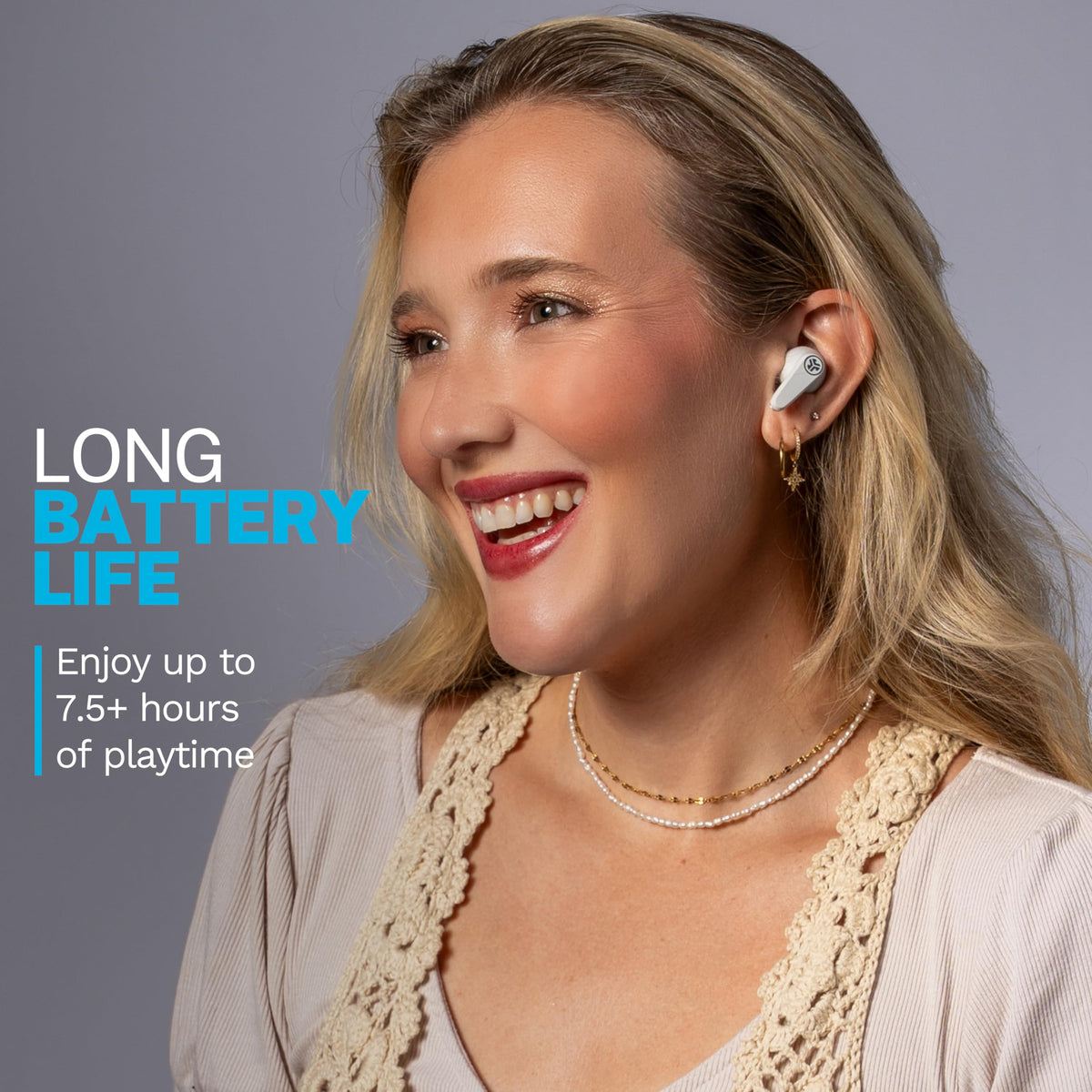 JLab Go Pods ANC earbud close-up showing stem texture and tactile control advantage