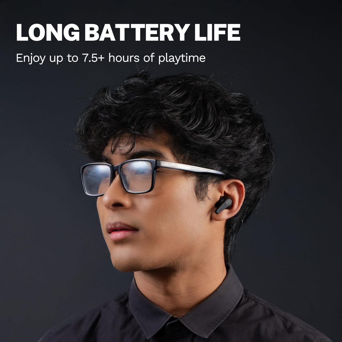JLab Go Pods ANC earbuds closeup highlights sleek stem design for secure all-day wear.