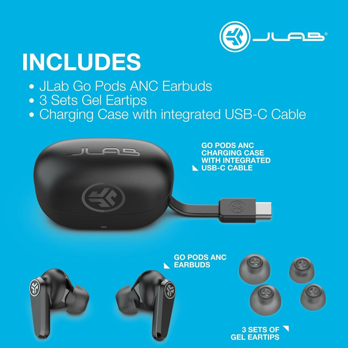 JLab Go Pods ANC ergonomic stem design stays secure without ear hooks.