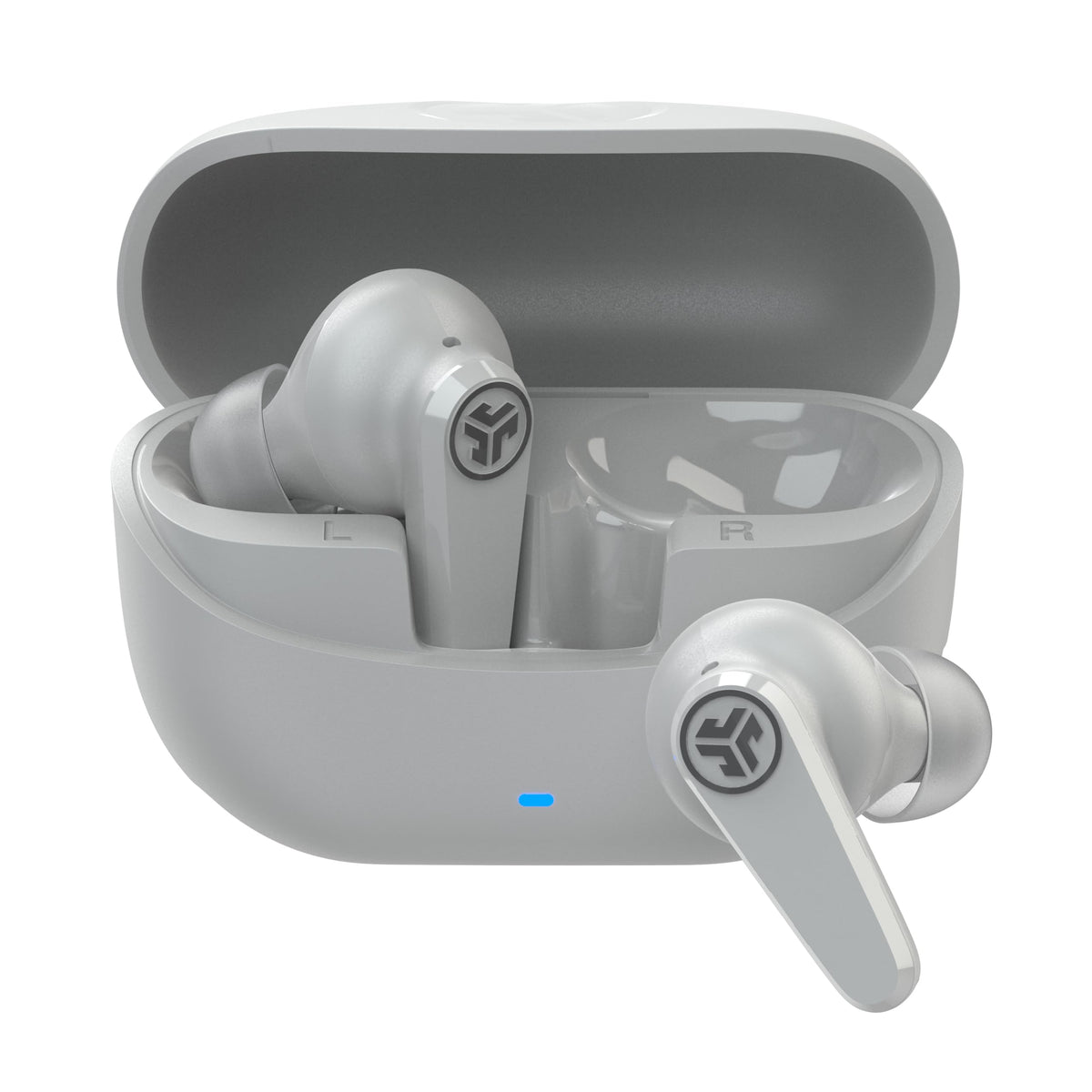 JLab Go Pods ANC front view showing cloud white earbuds and case for clear design