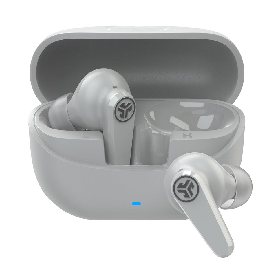 JLab Go Pods ANC front view showing cloud white earbuds and case for clear design