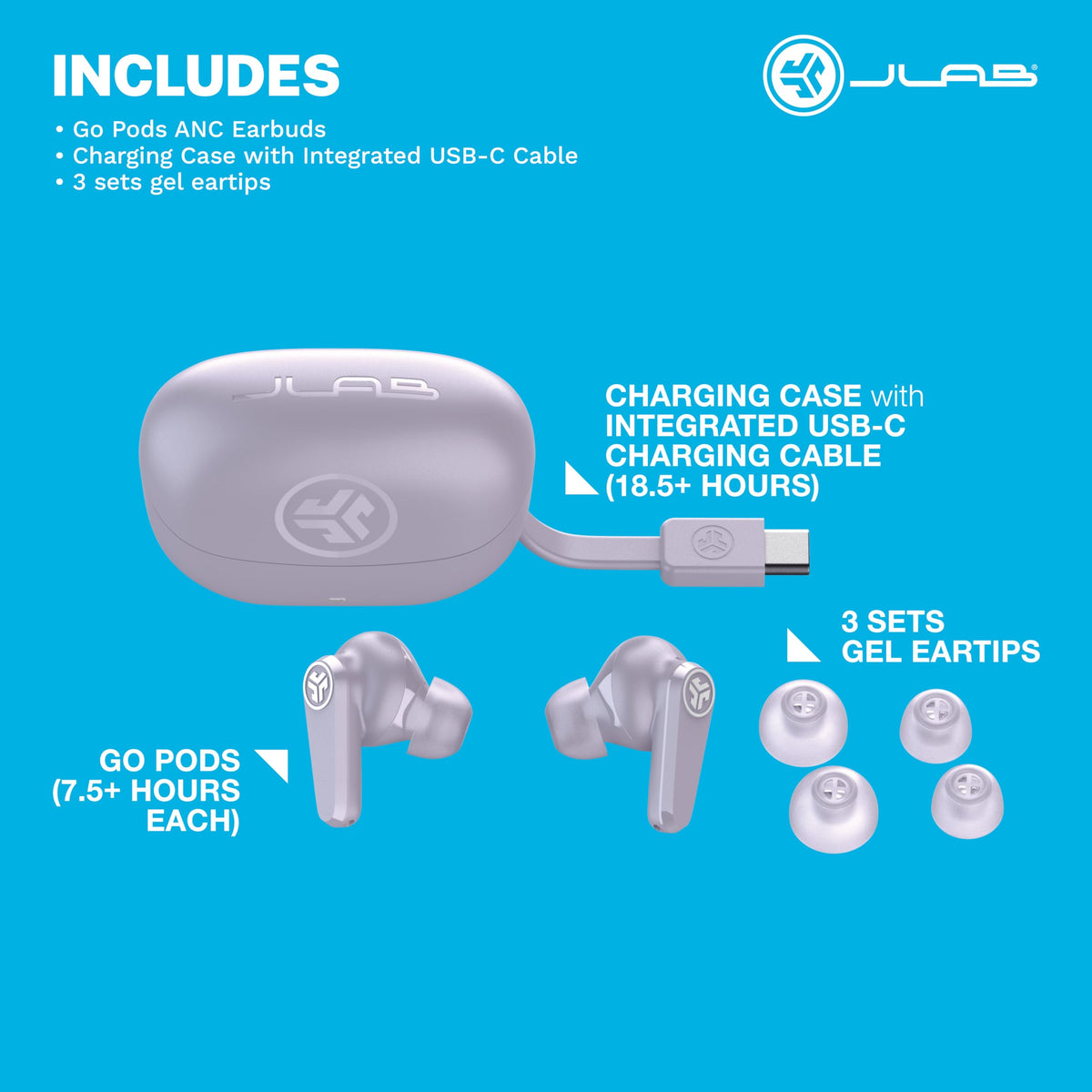 JLab Go Pods ANC lilac on a call showing clear voice pickup with dual mics