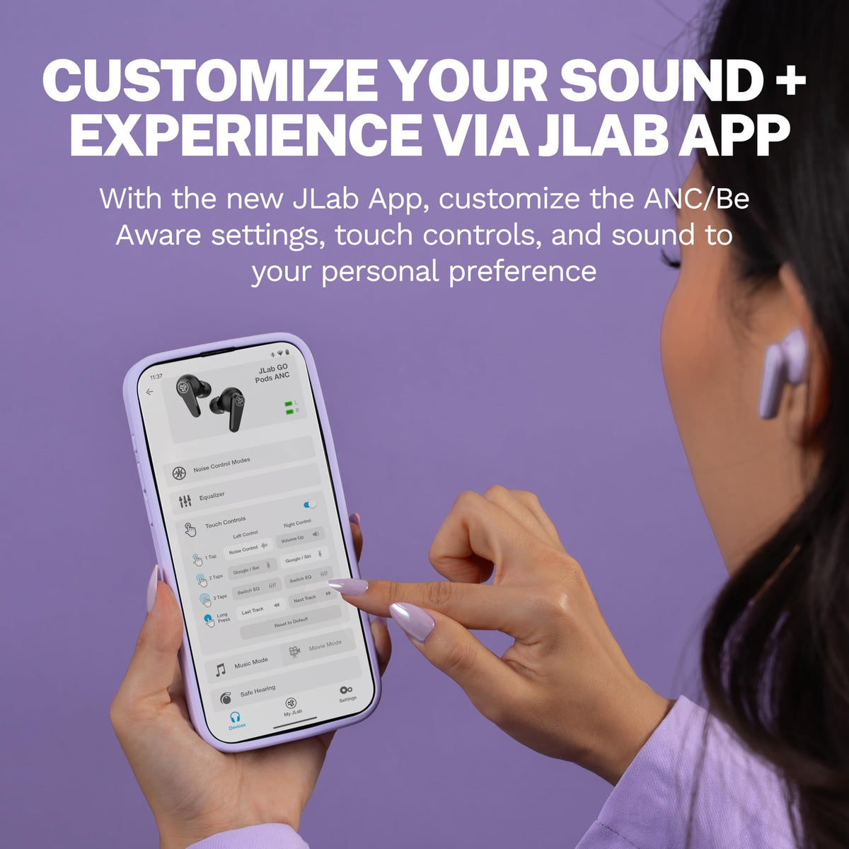 JLab Go Pods ANC lilac charging port detail emphasizing fast-charge convenience