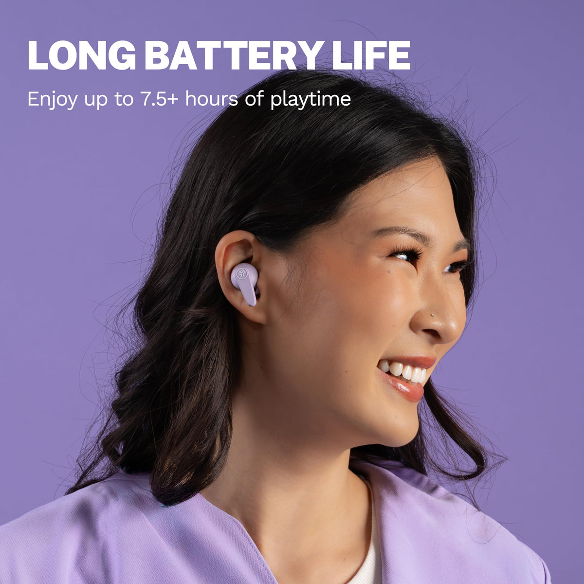 JLab Go Pods ANC lilac earbud close-up highlighting stem design and fit