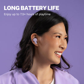 JLab Go Pods ANC lilac earbud close-up highlighting stem design and fit