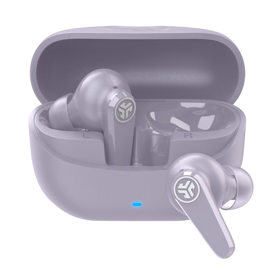 JLab Go Pods ANC lilac front view showing earbuds and case for portable listening