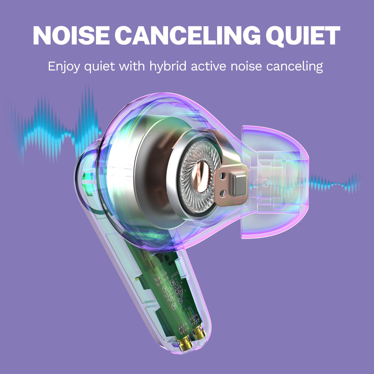 JLab Go Pods ANC lilac in-ear lifestyle shot showing secure fit during commute