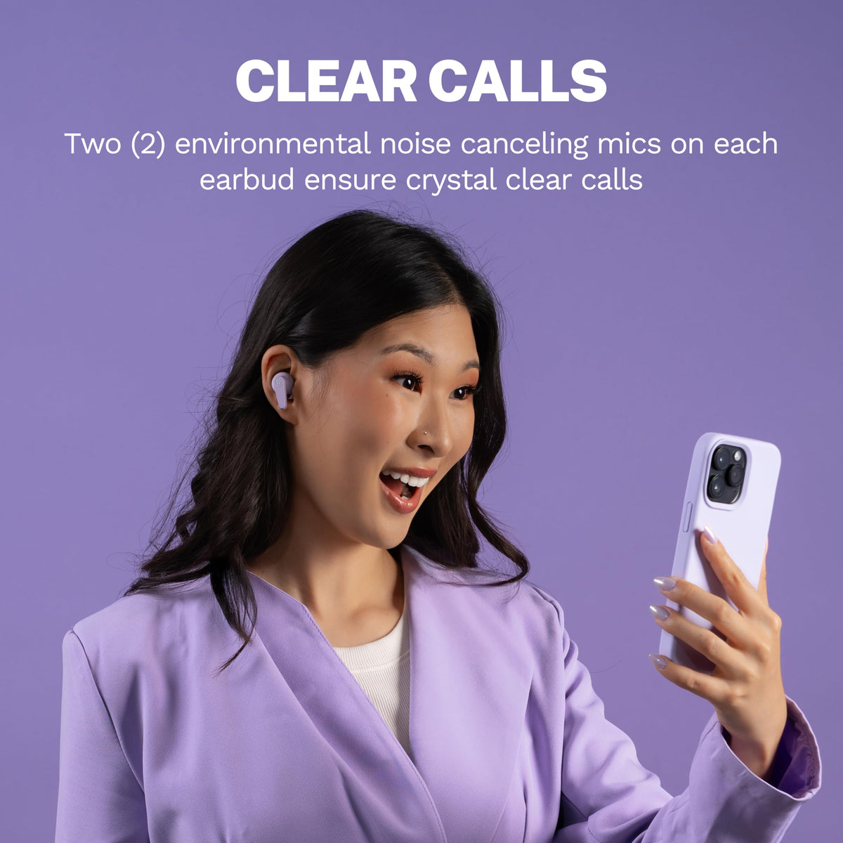 JLab Go Pods ANC lilac worn during workout demonstrating sweat resistance