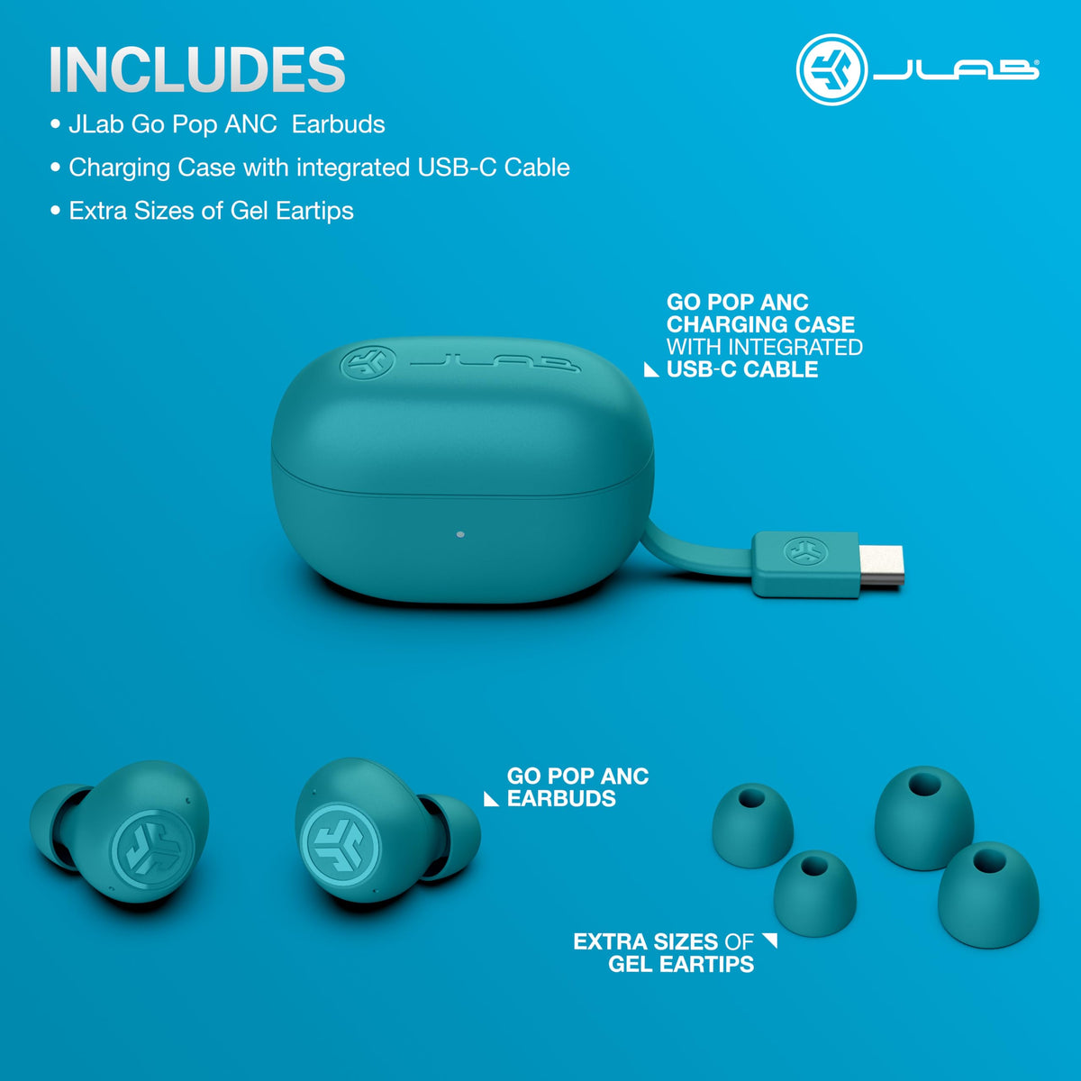 JLab Go Pop ANC accessories and gel tips laid out showing fit customization benefit