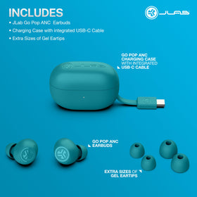 JLab Go Pop ANC accessories and gel tips laid out showing fit customization benefit