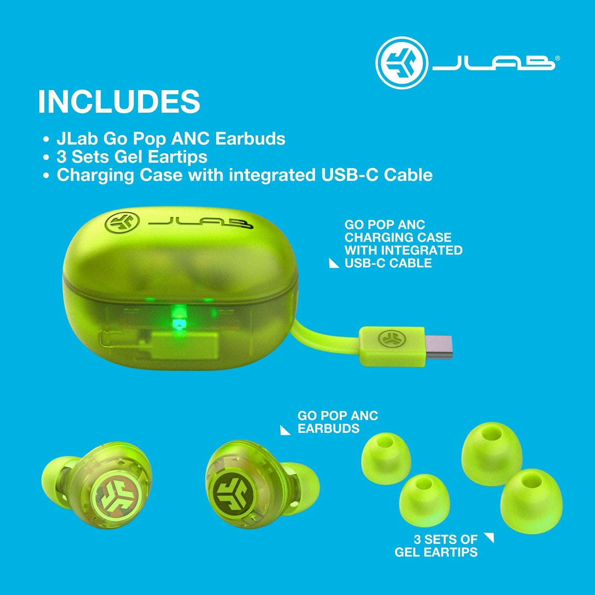 JLab Go Pop ANC case beside a credit card showing compact size for pocket convenience