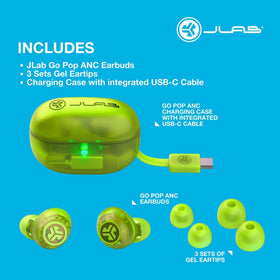 JLab Go Pop ANC case beside a credit card showing compact size for pocket convenience