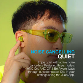 JLab Go Pop ANC charging case open displaying earbuds and USB-C cable, easy recharge access