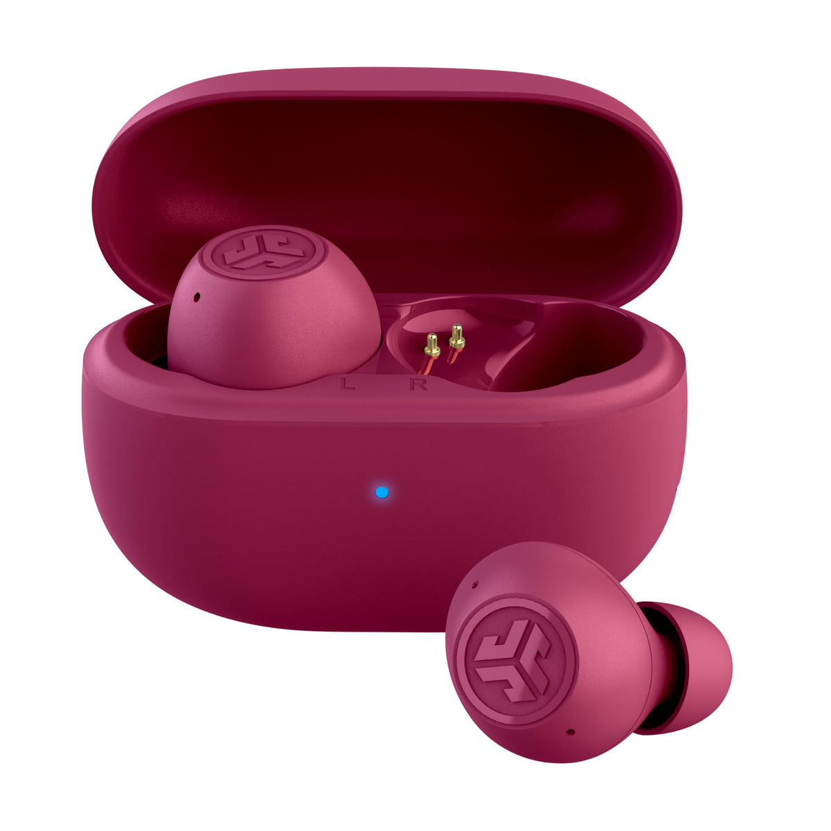 JLab Go Pop ANC front packaging showing earbuds and case, highlights portability