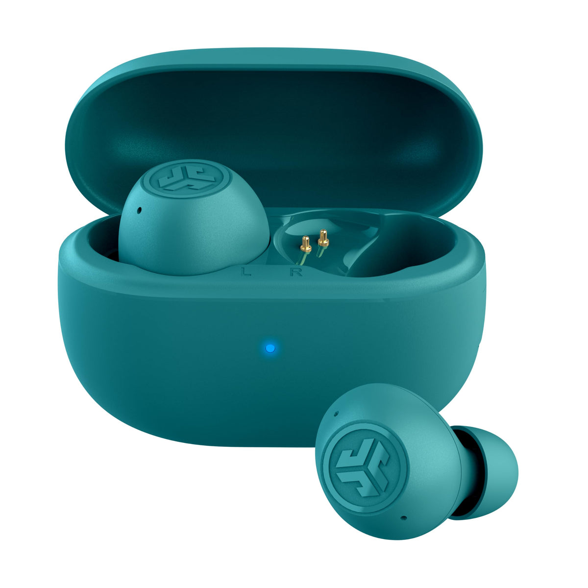 JLab Go Pop ANC front view showing teal earbuds and benefits of compact ANC